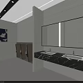 Modern Minimalist Public Toilet Interior Design With Marble Double Sink Counter And Warm Ambient Lighting