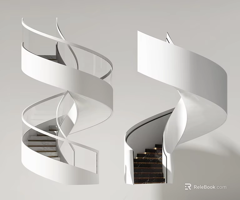 Modern Spiral Staircase Design With White Structure And Dark Wooden Steps 3d model 
