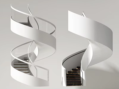 Modern Spiral Staircase Design With White Structure And Dark Wooden Steps 3d model