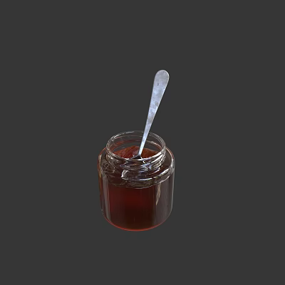 Clear Glass Jar of Deep Red Sauce with Metal Spoon on Dark Background 3d model