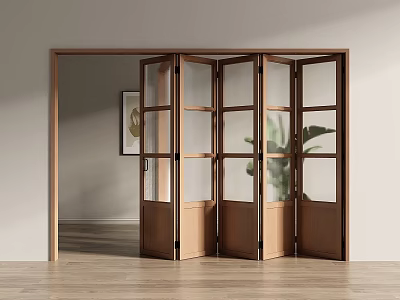 Modern Wooden Folding Doors with Glass Panels in Interior Room Design 3d model