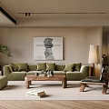 Modern Living Room Interior With Green Sofa Wooden Coffee Table Abstract Painting And Floor Lamp