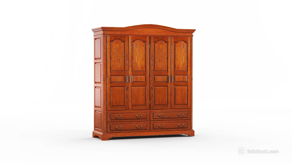 Traditional Wooden Wardrobe with Four Doors and Drawers for Bedroom Storage 3d model 