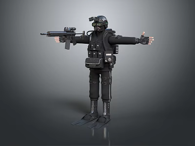 Game Movie Character in Black Tactical Gear With Helmet Rifle And Flippers 3d model