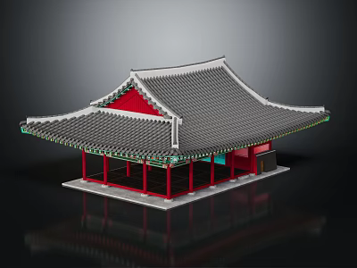 Ancient Architecture With Traditional Tiled Roof Overhanging Eaves Red Pillars And Green Decorations 3d model
