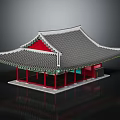 Ancient Architecture With Traditional Tiled Roof Overhanging Eaves Red Pillars And Green Decorations