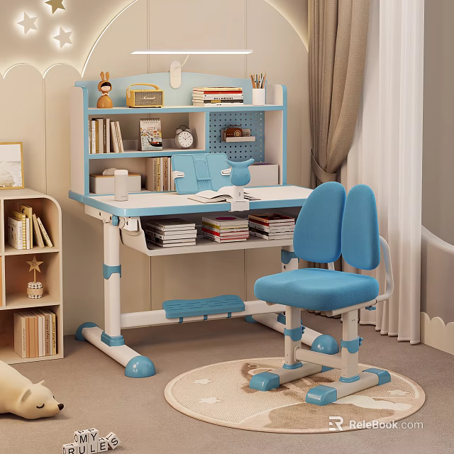 Height Adjustable Kids Study Desk With Storage Bookshelf And Ergonomic Chair For Comfortable Home Learning 3d model 