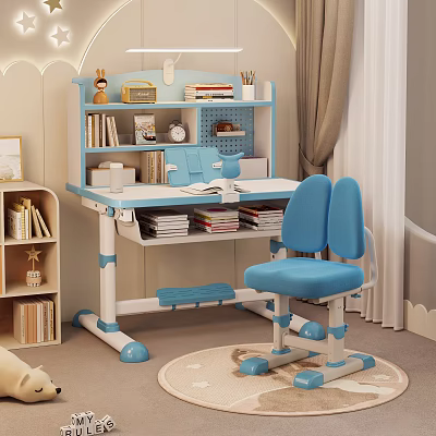 Height Adjustable Kids Study Desk With Storage Bookshelf And Ergonomic Chair For Comfortable Home Learning 3d model