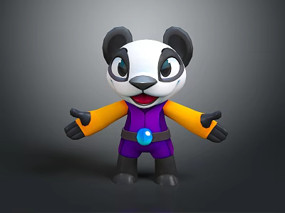 Cute Cartoon Panda Doll With Orange Arms Purple Outfit And Open Arms 3d model