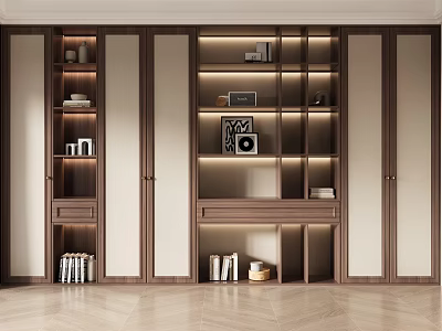 Modern Wooden Bookcase With Layered Shelves And LED Lighting Decorated With Books And Ornaments 3d model