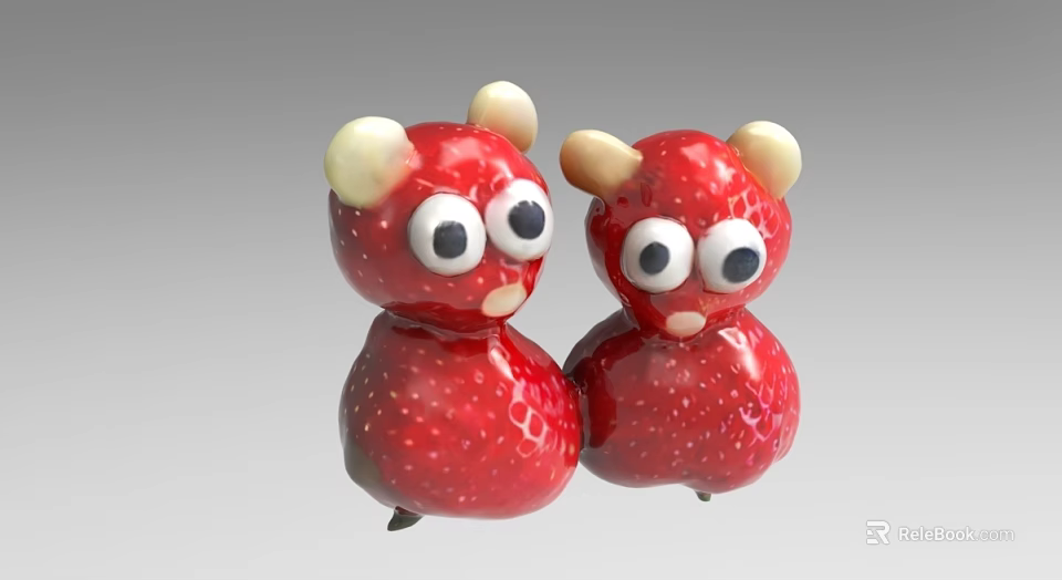 Cute Red Strawberry Shaped Dolls With Big Eyes White Ears And Yellow Horns 3d model 