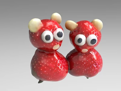 Cute Red Strawberry Shaped Dolls With Big Eyes White Ears And Yellow Horns 3d model
