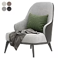 Modern Beige Fabric Armchair with Leather Armrests Geometric Pillow and Gray Blanket
