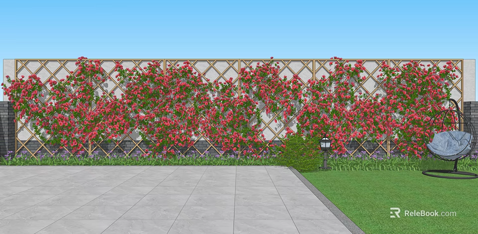 Green Plant Wall with Red Flowers on Wooden Trellis and Stone Pavement by Lawn 3d model 