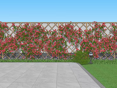 Green Plant Wall with Red Flowers on Wooden Trellis and Stone Pavement by Lawn 3d model