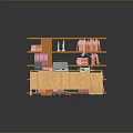 Wooden Office Desk With Laptop Papers And Multi tiered Bookshelf Full Of Colored Books