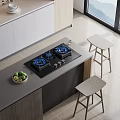 Modern Kitchen Interior Featuring Gas Stove On Island Counter With Wooden Stools And Green Apples