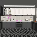 Modern Kitchen Interior With Black And White Cabinets Geometric Pattern Flooring And Appliances