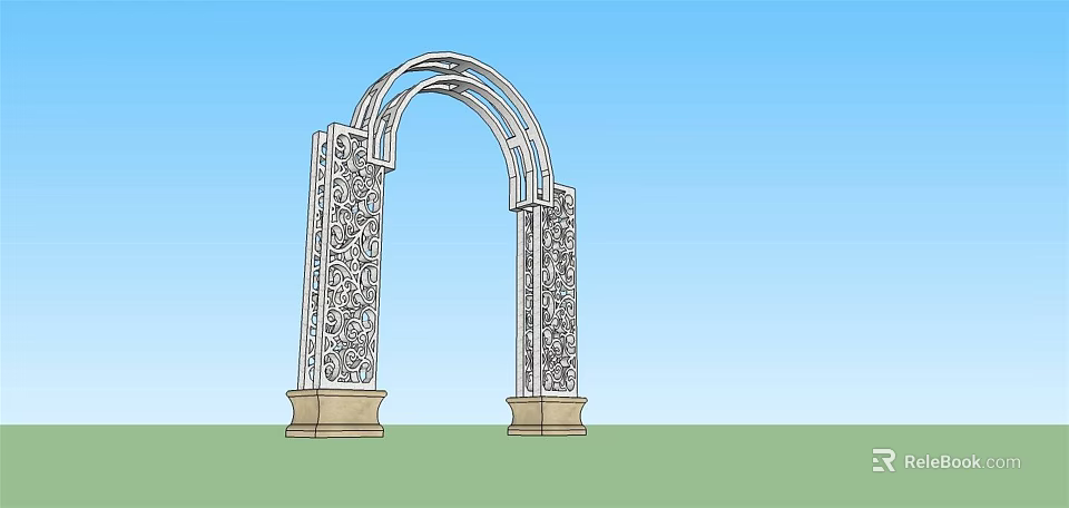 Ornate Carved Archway With Decorative Pillars And Base Pedestals Against Blue Sky And Green Grass 3d model 