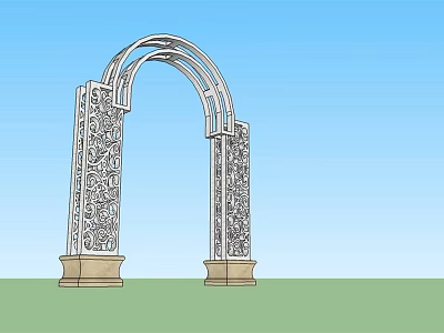 Ornate Carved Archway With Decorative Pillars And Base Pedestals Against Blue Sky And Green Grass 3d model