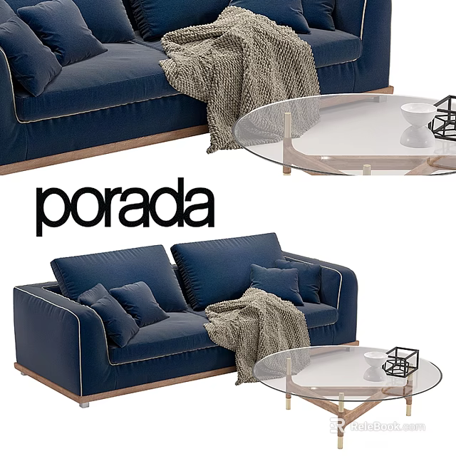 Porada Navy Blue Two Seater Sofa With Throw Pillows Knitted Blanket And Glass Coffee Table 3d model 