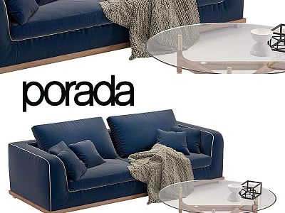 Porada Navy Blue Two Seater Sofa With Throw Pillows Knitted Blanket And Glass Coffee Table 3d model
