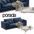 Porada Navy Blue Two Seater Sofa With Throw Pillows Knitted Blanket And Glass Coffee Table