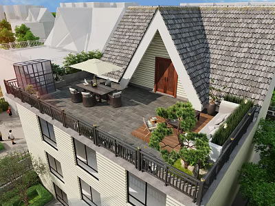 Rooftop Courtyard Garden Design With Outdoor Dining Set Patio Umbrella And Green Plants 3d model