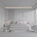 Modern Minimalist Bedroom Interior With Large Bed Wooden Headboard Gray Bedding Blinds And Accent Chair