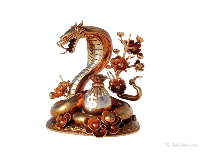 Golden Snake Ornament With Money Bag Dollar Sign And Floral Decorations 3d model 