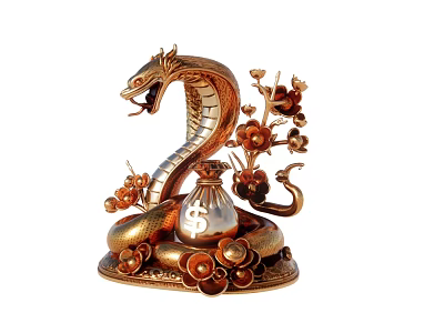 Golden Snake Ornament With Money Bag Dollar Sign And Floral Decorations 3d model