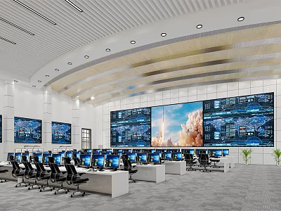 Modern Monitoring Room Interior With Multiple Screens Computers And Workstations 3d model