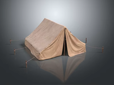 Durable Beige Canvas Camping Tent With Support Poles For Outdoor Activities 3d model
