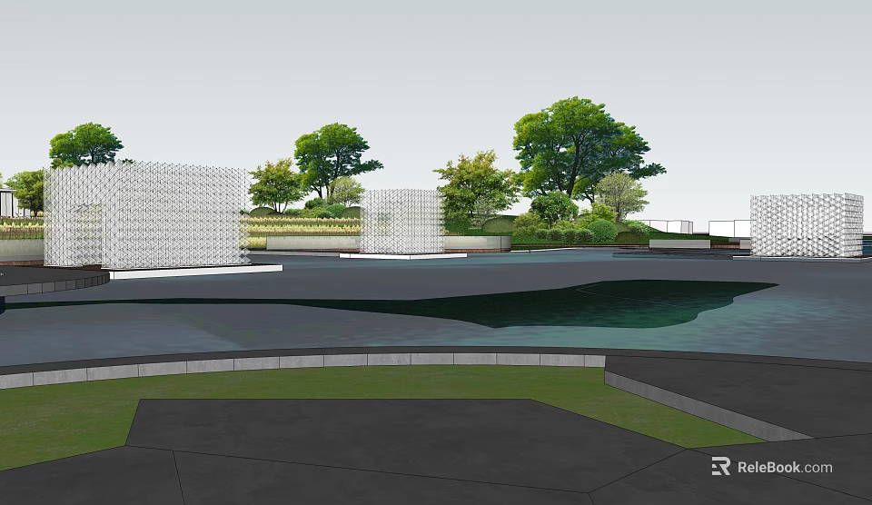 Modern Garden Landscape Design With Water Pool Geometric Structures And Trees 3d model