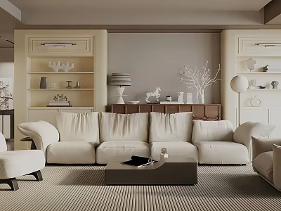 Elegant Modern Living Room Interior With Beige Sofa Coffee Table Striped Rug And Cabinets 3d model