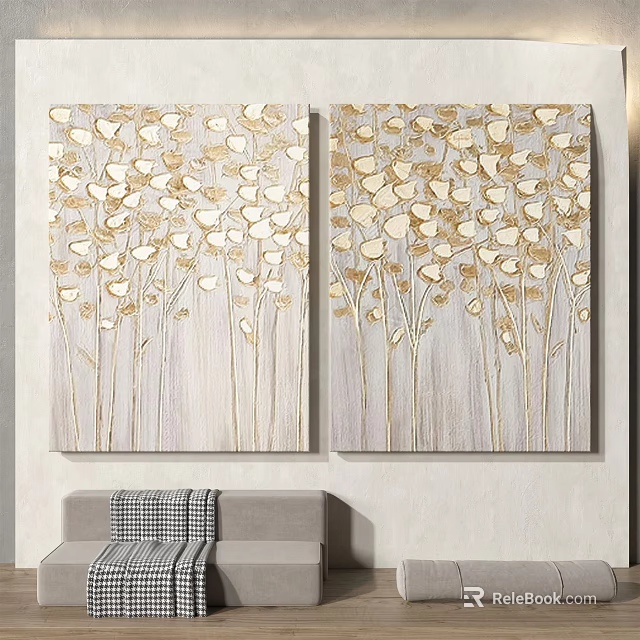 Abstract Wall Art Two Panel with Golden Leaf Design on Light Gray Background 3d model