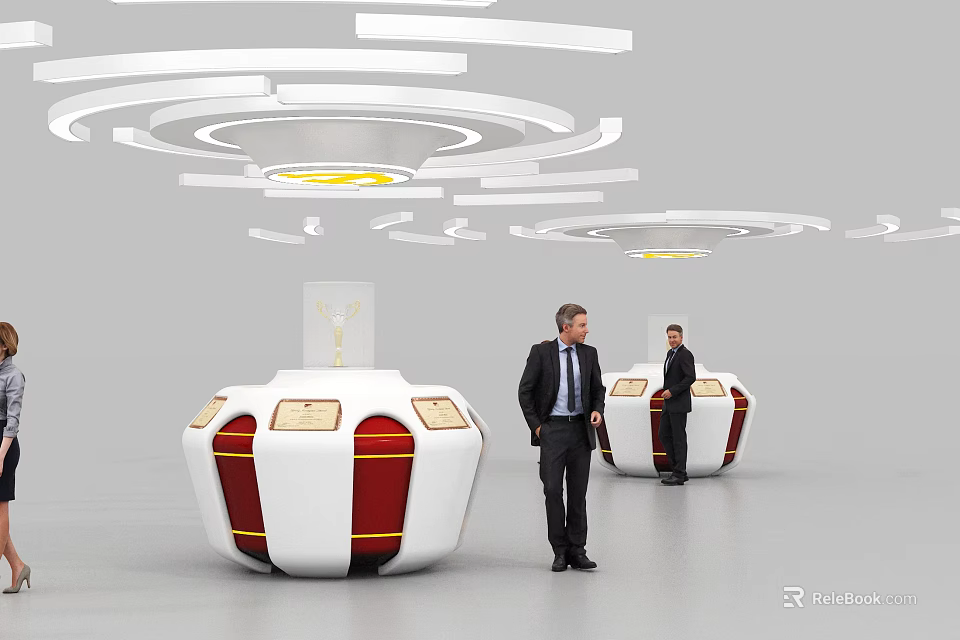 Modern Circular Display Shelves With Red Accents And White Structure In Exhibition Space 3d model 