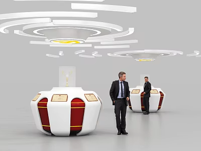 Modern Circular Display Shelves With Red Accents And White Structure In Exhibition Space 3d model