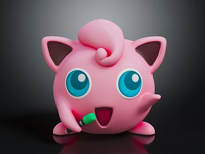 Cute Pink Cartoon Creature Character With Big Blue Eyes Curly Head Open Mouth And Green Object 3d model