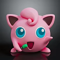 Cute Pink Cartoon Creature Character With Big Blue Eyes Curly Head Open Mouth And Green Object