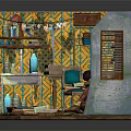 Cartoon Studio Interior With Bookshelf Table Lamp Decorative Wallpaper And Books