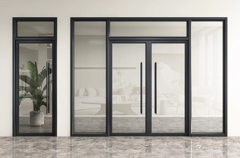 Modern Glass Door Design With Black Frame For Interior Spaces 3d model