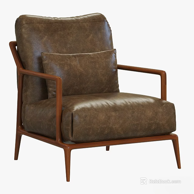 Comfortable Brown Leather Accent Chair With Wooden Frame And Matching Cushion Design 3d model 
