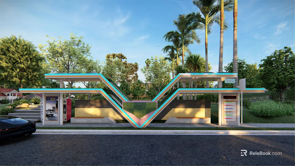 Modern Bus Station with Curved Blue Pink Roof Surrounded by Palm Trees and Greenery 3d model 