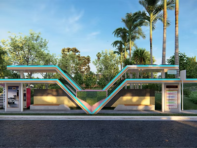 Modern Bus Station with Curved Blue Pink Roof Surrounded by Palm Trees and Greenery 3d model