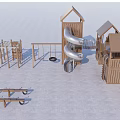 Wooden Playground Equipment With Spiral Slide Swings Climbing Frame And House Shaped Structures