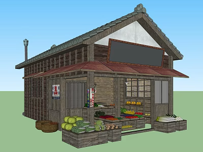 Rustic Wooden House With Vegetable Fruit Stall Signboard And Front 3d model