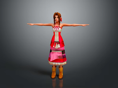 3D Female Character Model With Brown Hair Red And White Dress Brown Boots Arms Outstretched 3d model