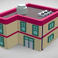 Cartoon Cafe Scene With Pink Roof Yellow Walls Striped Awnings Green Windows And Outdoor Tables
