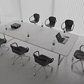 Modern Conference Room Interior With White Table Black Chairs Laptop And Water Bottles